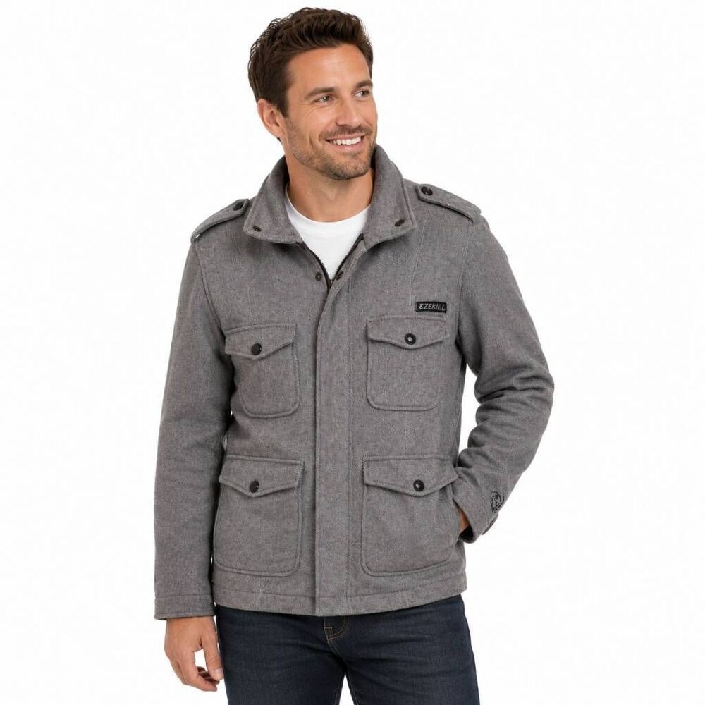 Ezekiel Men’s Gray Herringbone Utility Jacket Four Pocket Size Small